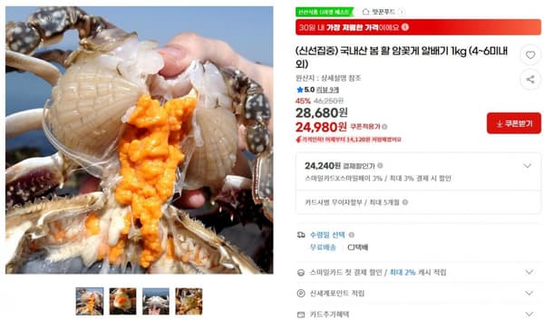 국내산 봄 활 암꽃게 알배기 1kg (4~6미내외) ( 24,980원 / 무료 배송)