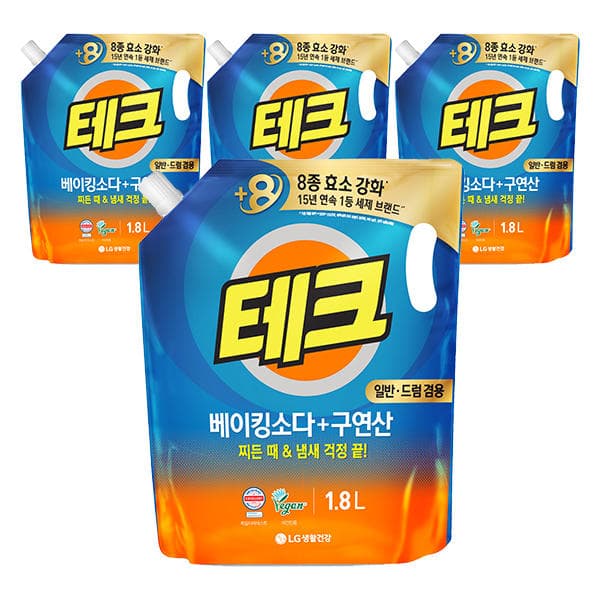 테크 베이킹+구연산 액체세제 일반 드럼 겸용 리필, 1.8L, 4개(14,350원 /무료)