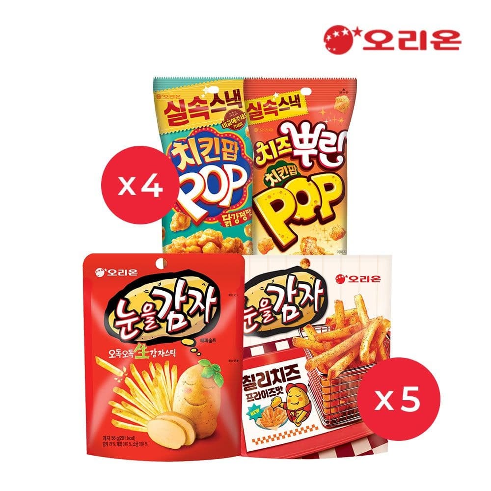 오리온 눈을감자 5개+눈을감자 칠리치즈5개+치킨팝 닭강정 4개+치킨팝 치즈 4개 (17,890원 / 무료)