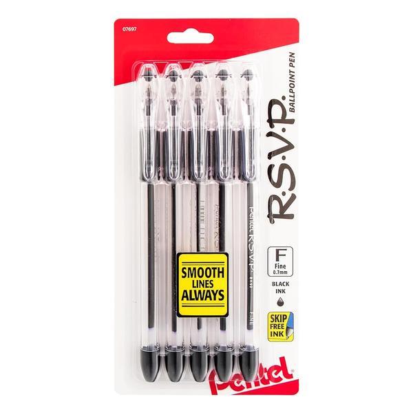 펜텔 R.S.V.P. 볼펜, 파인 포인트, 0.7 mm, 투명 배럴, 블랙 잉크, 5개 팩