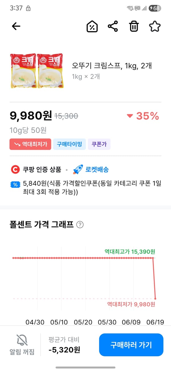 쿠팡 오뚜기 크림스프 2개 9980원 핫딜~~
