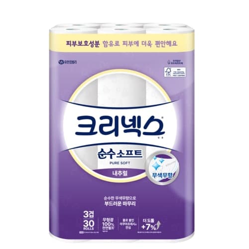 ssg) 크리넥스 3겹 순수소프트 내추럴 30m*30롤 1+1 27,900원(m당 15.5원)