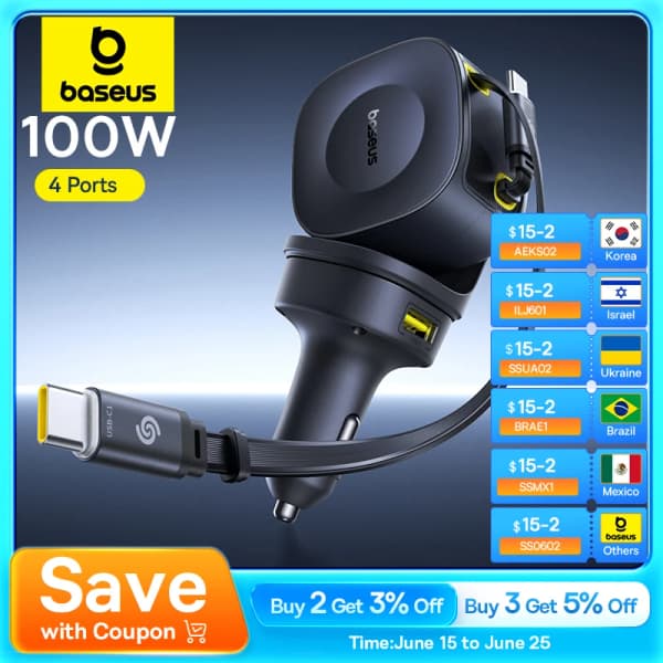Baseus 100W 차량용 충전기 PD QC 고속 충전 듀얼 Type-C 접이식 케이블 4 포트 450 노트북 태블릿 iPhone Samsung용 회전