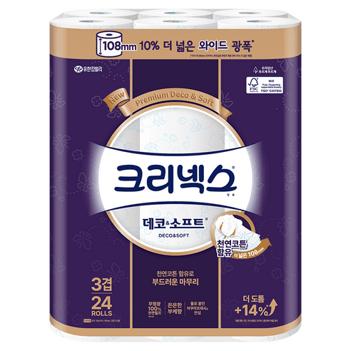 크리넥스 데코 앤 소프트 천연펄프 3겹 광폭 와이드 33m 24롤 1팩 (15,830원/와우무료)7
