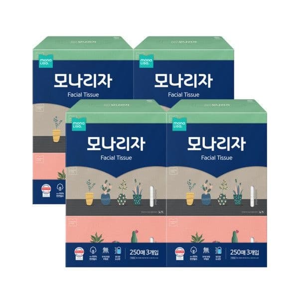 모나리자 미용티슈 250매 3입 4개 (14,900원 / 무배)