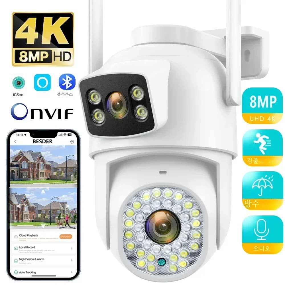 8MP WiFi 카메라, 듀얼 스크린 AI 자동 추적 야간 투시경 야외 CCTV 감시 보안 IP 카메라 iCSee 앱 제어